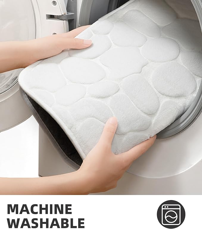 YIHOUSE Bath Mat, Memory Foam, Cobblestone, Bathroom Rugs, 20 x 32, White, Super Water Absorbent, Non-Slip, Machine Washable