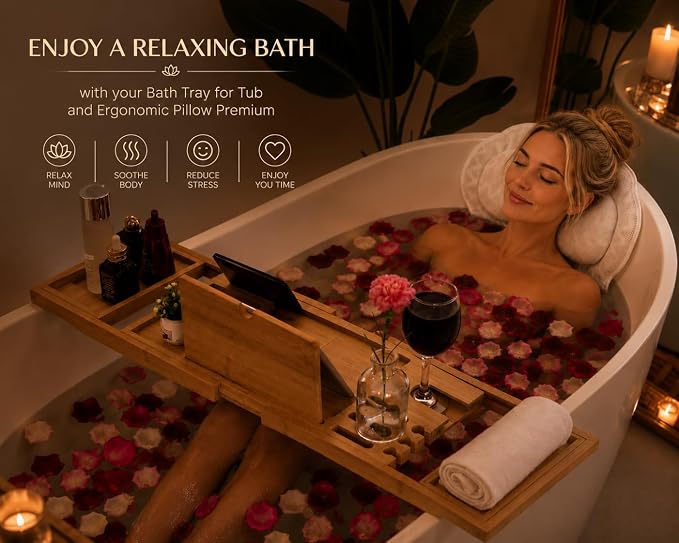 Bath Tray for Tub and Ergonomic Pillow Premium - Caddy Foldable 29 to 43 Inch - Bamboo Wood Tub Organizer - Luxury Bathtub Tray - Bathroom Accessories for Mothers, Birthday Gifts for Mom