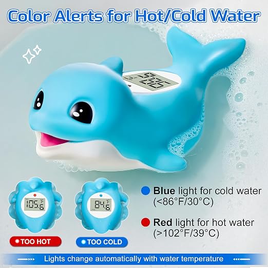 Baby Bath Thermometer for Newborn – Digital Bathtub Water Temperature Thermometer – Floating Dolphin Bath Toy, °C/°F Display, Waterproof & BPA-Free