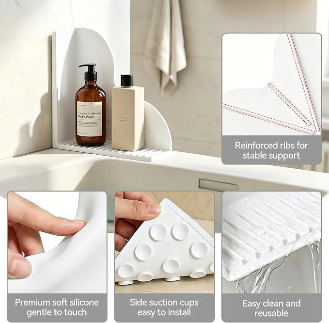 Shower Splash Guard 2-Pack – All-Silicone Bathtub Splash Guard with Strong Suction Cups, Reusable Shower Water Blocker for Bathtubs and Countertops (White, L-2pcs)