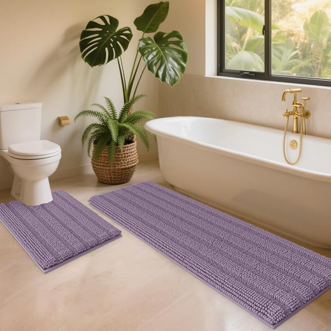 ACCUMTEK Striped Lavender Toilet Bathroom Rug Mat Set 2 piece Rug Ultra Soft, Non Slip Chenille Bath Rugs, Absorbent Plush Shaggy Bath Mats for Bathroom, Bedroom, Kitchen, Shower, Tub