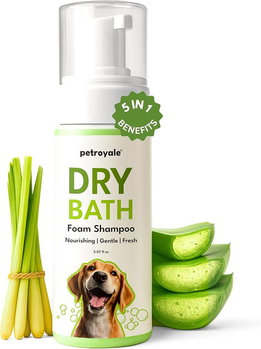 Dry Bath Foam Shampoo for Dogs - Gentle and Natural Cleansing-Tick, Flea & Itch Relief Waterless Dog- with Lemongrass Aloe Vera All Breeds (5.14 floz)