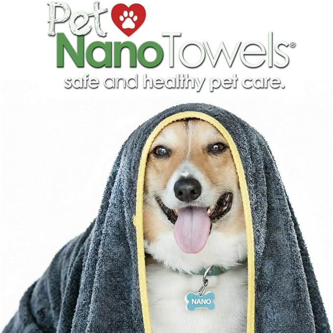 Nano Towels Pet Luxury Grooming Towel. Use for Cleaning, Washing, Dog and Cat Hair Bath Drying Cloth. Safe and Pet Friendly Grooming. No Shampoo Needed. Tiki Pete Noir Grey/Yellow Trim. Large 20x40