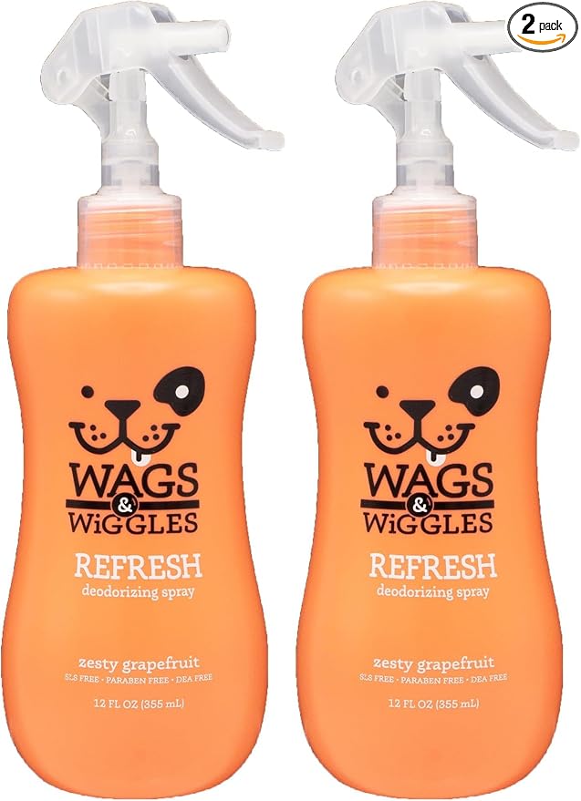 Wags & Wiggles Refresh Dog Deodorizing Spray in Zesty Grapefruit | Long Lasting Dog Grooming Deodorizer Spray | Easy to Use Deodorizing Spray for Dogs to Combat Smelly Dog Odors, 12 Ounces (Pack of 2)