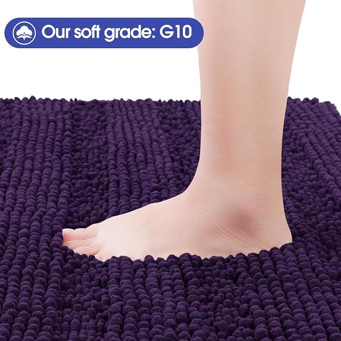 ACCUMTEK Striped Eggplant Purple Bathroom Rug Mat Set 2 piece 32"x20"+24"x17" Ultra Soft, Non Slip Chenille Bath Rugs, Absorbent Plush Shaggy Bath Mats for Bathroom, Bedroom, Kitchen, Shower, Tub