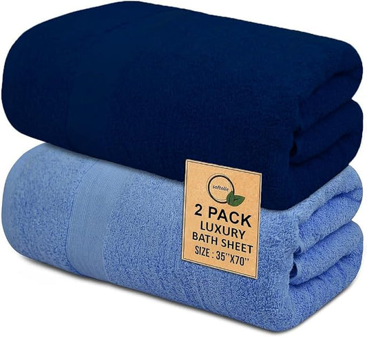 100% Cotton Luxury Bath Sheets - Pack of 2 (35" x 70") | Super Soft, Quick-Dry & Highly Absorbent Towels for Bathroom, Home, Spa & Gym (Sky Blue/Navy Blue)