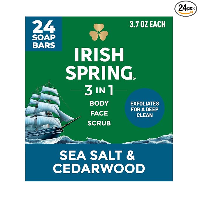 Irish Spring 3-in-1 Men’s Bar Soap Sea Salt & Cedarwood, Exfoliating Deep Clean Body Soap Bar and Face Cleanser, 3.7 oz Soap Bars, 24 Pack