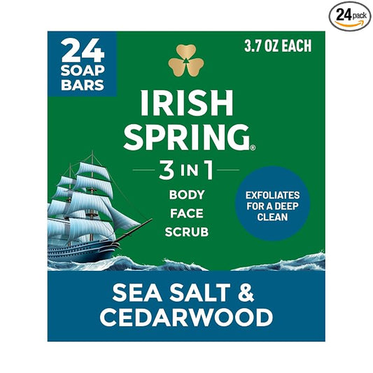 Irish Spring 3-in-1 Men’s Bar Soap Sea Salt & Cedarwood, Exfoliating Deep Clean Body Soap Bar and Face Cleanser, 3.7 oz Soap Bars, 24 Pack