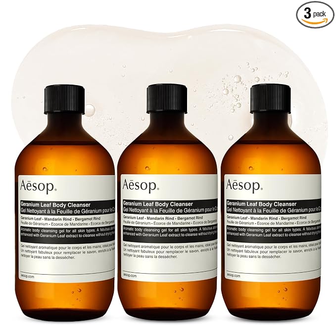 Aesop Geranium Leaf Body Cleanser Refill | Gentle Shower Gel with Geranium, Mandarin and Bergamot Essential Oil Blend to Refresh & Balance Skin | 500 mL / 16.9 oz - Recyclable Bottle (Pack of 3)