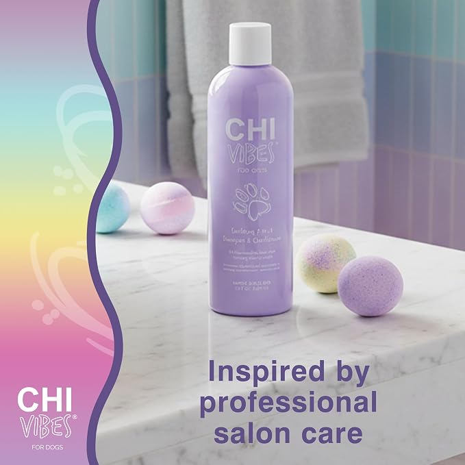 CHI Vibes for Dogs Soothing 2 in 1 Dog Shampoo and Conditioner Sensitive Skin Cleanser Dog Deodorizer for Puppies and Adults Vegan pH Balanced Gluten Paraben Free Made in USA 12 FL OZ Grooming