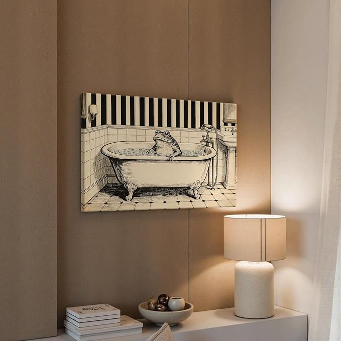 Vintage Frog in Bathtub Bathroom Wall Art Whimsical Toad Clawfoot Tub Poster Antique Striped Bathroom Illustration Print Aesthetic Wall Decor for Powder Room Apartment 24X36 in Black Framed