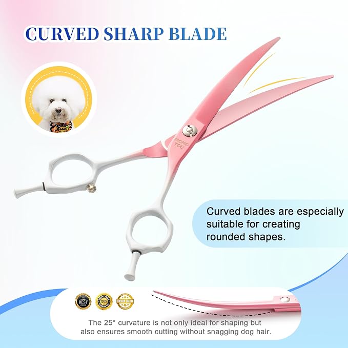 7'' Curved Dog Grooming Scissors Pink to White Gradient | 440C Stainless Steel, Sharp Durable, Professional or Home Use,Ergonomic Handle with 2 Silicone Finger Rings