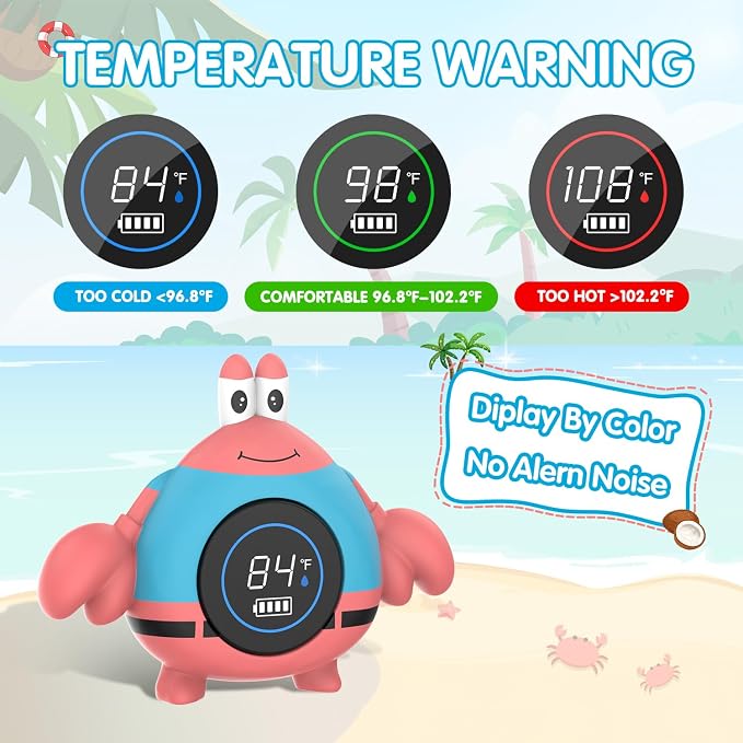 BabyElf Rechargeable Baby Bath Thermometer – Floating Crab Water Temperature Thermometer for Baby Bath, Automatic Sensing, Hot & Cold Alert, Waterproof Bathtub Thermometer for Newborns