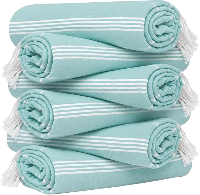 HAVLULAND Turkish Beach Towel Set of 6 Oversized 72x40 100% Turkish Cotton | Sand Free, Quick-Dry, Absorbent Bath Towel | Lightweight & Compact for Travel, Pool, Gym, Spa - Aqua