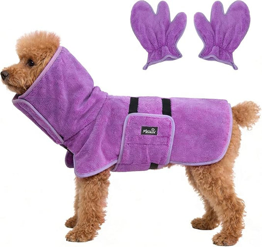 Mihachi Dog Bathrobe Towel Wrap Fast Drying with Drying Gloves Set, Super Absorbent Coral Fleece Dog Drying Coat Bath Robe for Puppy, Medium & Large Dogs, Adjustable Collar & Belly Strap, Purple S
