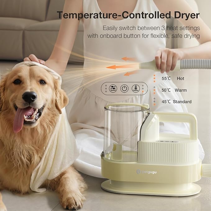 PETGUGU Dog Grooming Vacuum for Shedding Grooming,Dog Vacuum with 7‑in‑1 Clipper,3‑Speed Adjustable & Temp Control Blower,Low Noise Pet Hair Vacuum,2.5L Dust Cup,Reduces Flying Hair,Easy Cleanup