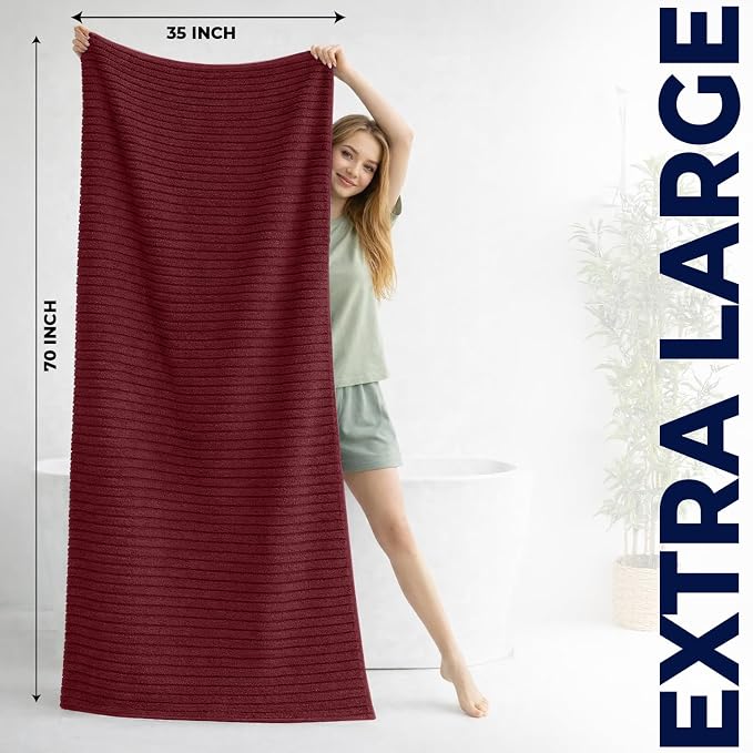 DAN RIVER Pack of 2 Bath Sheet 35x70 Inches, Ribbed Jumbo Bath Towels, Soft and Absorbent Extra Large Towels - Pomegranate