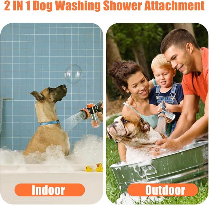 Dog Shower Attachment with Soap Dispenser, Upgraded Dog Washing Hose Attachment for Pet Bathing, High Pressure Foam Sprayer with 10 Spray Modes and Grooming Brush