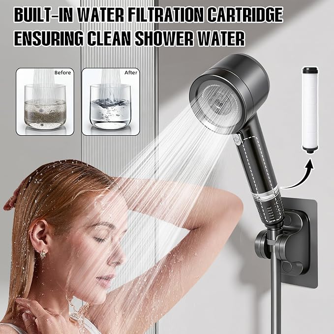 Handheld Filtered Shower Head - High Pressure 4-Spray, 7 Filters, 59" Hose & 2 Brackets, for Hard Water, Pet & Tile, Thick ABS