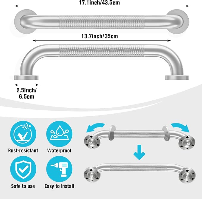 16 Inch Shower Grab Bar for Seniors 2 Pack, Heavy Duty 304 Stainless Steel Anti-Slip Bathroom Safety Handicap Grab Bar for Shower, Bathtub & Toilet, Wall Mounted, Supports 500lbs