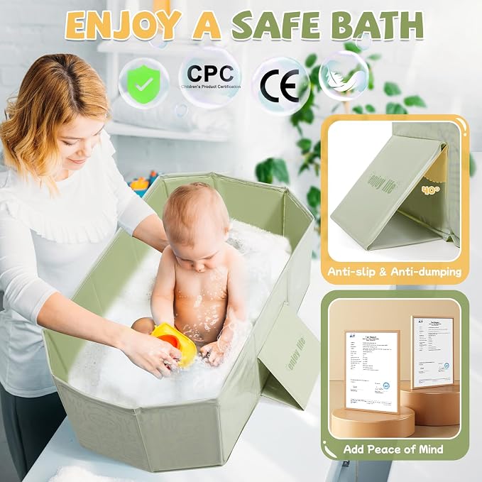 Orzbow Toddler Bathtub, Collapsible Baby Bathtub with Non-Slip Base, Portable Bath Tub for Kids Infant 12 Months+ Travel, Easy to Clean, Stable & Durable, Space-Saving, Green