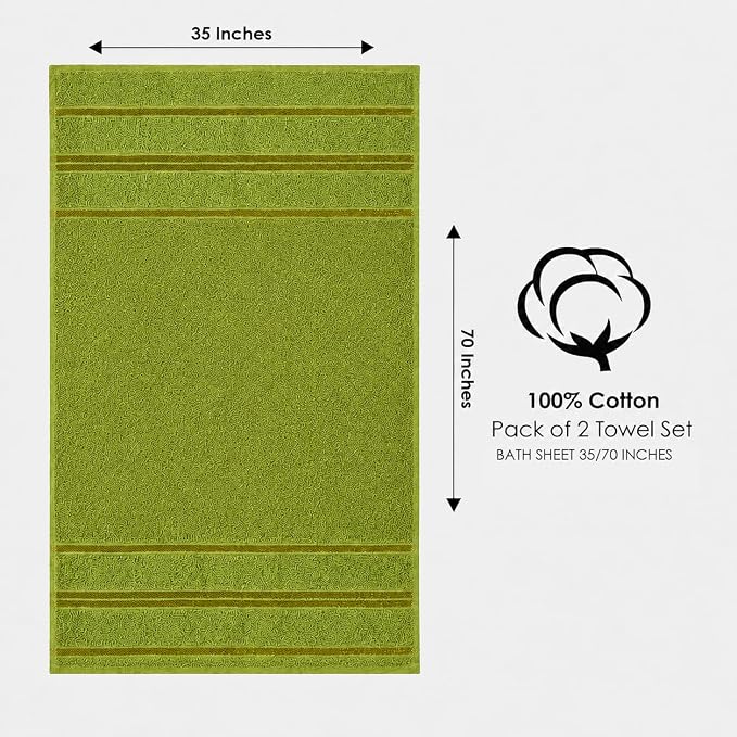 Terry Bath Sheet Set of 2 Green Bath Towels Set 35x70 Inches, 100 Combed Long Staple Cotton Highly Absorbent Ultra Soft Oversized Large Luxury Hotel & Spa Quality Bathroom Towels Set