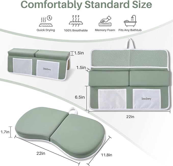 Kneeler and Elbow Rest Pad Set, 1.6'' Extra Thick Bath Support for Knees and Elbows, Memory Foam Bath Mat with Toy Organizer Pockets, Quick-Dry Kneeling Pad for Bathing Green