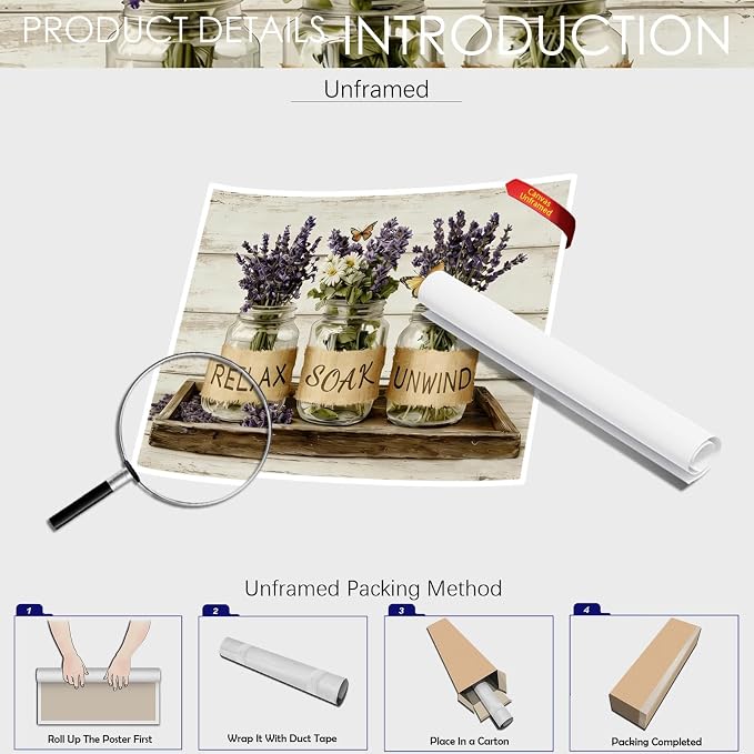 Relax Soak Unwind Lavender Bathroom Wall Art Farmhouse Mason Jar Floral Poster Rustic Spa Wall Decor with Butterflies Aesthetic Print for Powder Room Apartment 20X30 in Wrapped Framed
