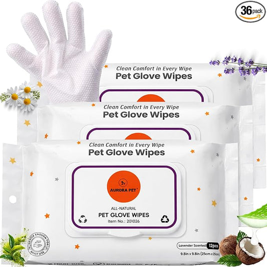 Aurora Pet Glove Wipes for Dogs & Cats, Wearable No-Rinse Grooming Glove Wipes for Paws, Face, Ears & Body, Hypoallergenic Disposable Pet Cleaning Wipes, Lavender Scented, 36 Count