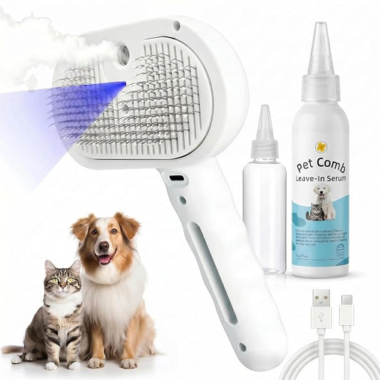 Pet Steam Brush for Dog & Cat - 4-in-1 Blue Light Steam Grooming Brush for Shedding & Hair Removal - Self Cleaning Spray Comb with Mist for Long Haired Pets - Includes 1*Waterless Shampoo, White.