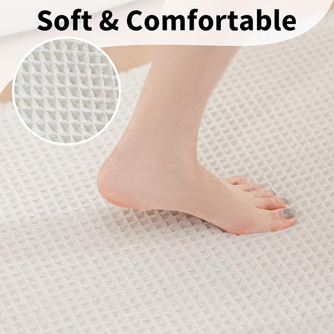 White Bathroom Rugs, Waffle Bath Mat Non Slip Washable, Super Absorbent & Quick Dry, Boho Bath Mat Farmhouse Bathroom Decor, 24'' x 36'', White