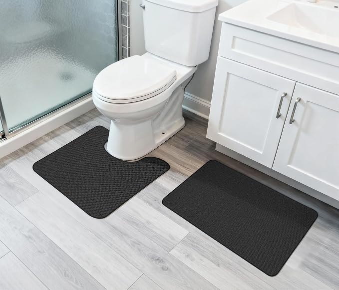 Bosap Bathroom Rugs Set 2 Pieces,Thin Bathroom Mats,Toilet Rugs,Quick Dry,Non-Slip,Machine Washable,Low Pile,Absorbent Bath Mats,Shower,Sink,Home Decor Accessories.Black,1'5"x2'3"+1'8"x2" U Shape
