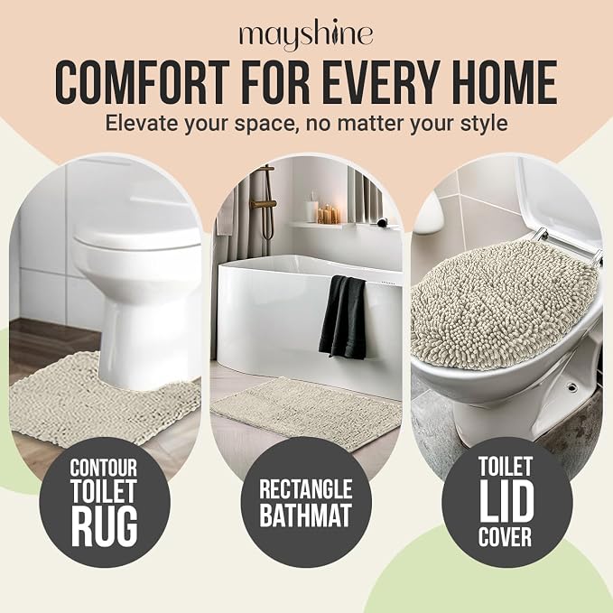 Standard 3pc Set Chenille Bath Mats, Includes 21"x24" U-Shaped Contour Toilet Rug, 21"x34" Inches Bathmat and 1 Toilet Lid Cover, Plush Absorbent Bath Mats Quick Dry, Wax White