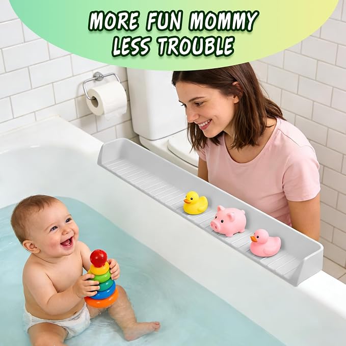 Bathtub splash guard for tub kids& Bath Shelf for Kids – Toddler Bath Tray, Bath Toys Storage & Ledge Organizer – Splash Guard for Bathtub with Suction Cups – Kids Bathroom Accessories(2.6FT, Grey)