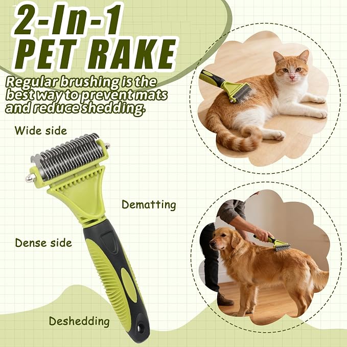 2-in-1 Pet Grooming Brush & Undercoat Rake, Double-Sided Hurtless Dematting Comb for Dogs & Cats, Universal Detangling, Shedding & Slicker Brush, Pet Grooming Tool for Removing Old Hair (Green)