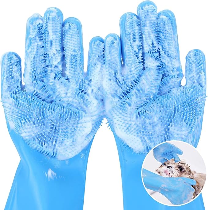 Pet Grooming Glove for Dogs & Cats – Winter Shedding Control Deshedding Brush & Hair Remover with 3,000 Soft Silicone Tips – Wet & Dry Bath Mitt – Heat Resistant & Anti-Slip – Blue
