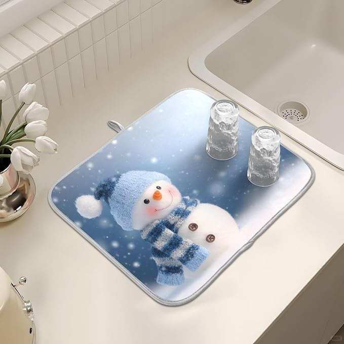 Cute Snowman Blue Dish Drying Mat, Absorbent Drainer Mats for Kitchen Counter Coffee Maker 18"x16"