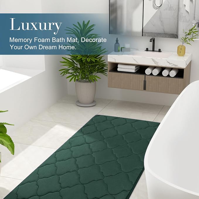 OLANLY Memory Foam Bath Mat Rug 47x24, Ultra Soft and Absorbent Bathroom Rugs, Non-Slip, Comfortable, Machine Washable Bath Carpet for Bathroom Floor, Tub Shower and Home Decor Accessories, Dark Green