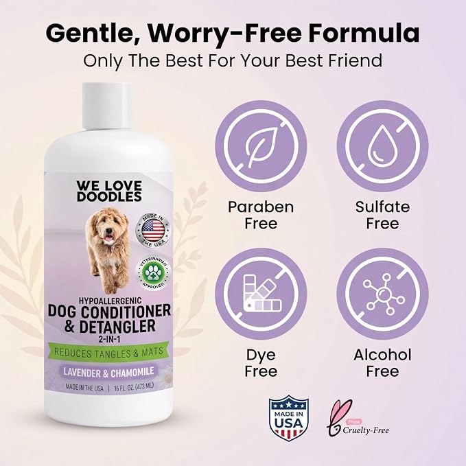 We Love Doodles Dog Conditioner & Detangler, 2-in-1 Conditioner for Allergies & Itching, Lavender and Chamomile, Made in USA, Dog Lotion Treatment, Perfect for Poodles, Doodles & Goldendoodles,16oz