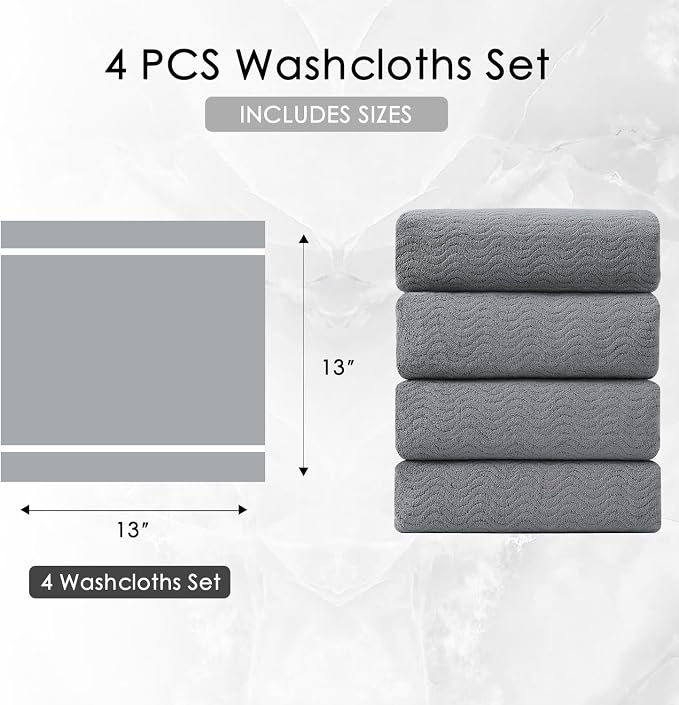 4 Pack Washcloths Set 13"x13",Grey Towel Set for Bathroom,Highly Absorbent & Quick Dry Premium Towel for Daily Use,Soft Microfiber Multipurpose Washcloths Towel Set for Hotel, Spa,Shower,Gym
