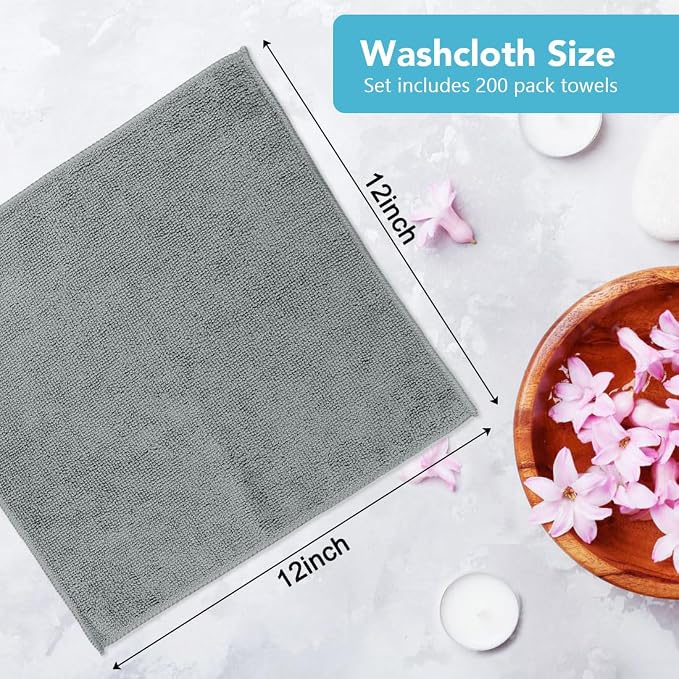 Orighty Washcloths Bulk, 200 Pack Highly Absorbent & Soft Feel Microfiber Face Towels, Multi-Purpose Wash Cloths & Hand Towels for Bathroom, Hotel, Spa, and Gym, 12x12 Inch, Grey