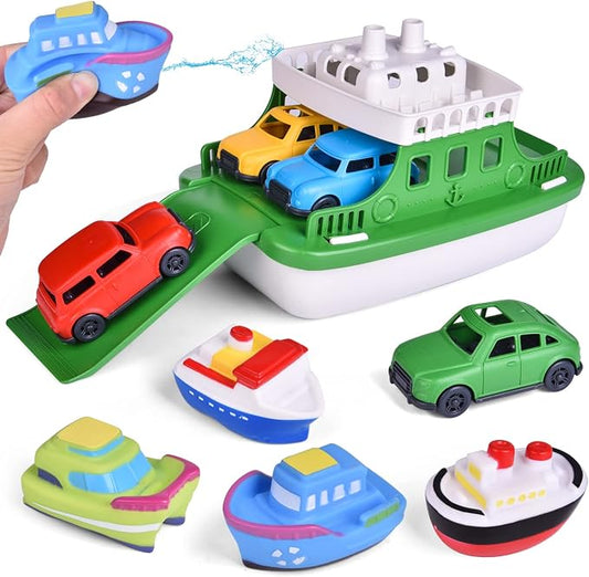 Ferry Boat Bath Toy with Mini Cars, Floating Water Play Set with Boat Squirters for Toddlers 1–3 & Kids Ages 4–8