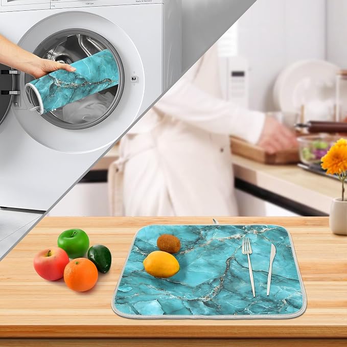 Teal Marble Pattern Dish Drying Mat, Absorbent Drainer Mats for Kitchen Counter Coffee Maker 24"x18"