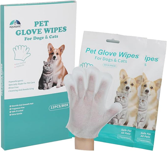 AQUASAFE Pet Glove Wipes - No-Rinse Dog Grooming Wipes & Cat Bath Gloves | Unscented Hypoallergenic Dog Wipes, [12] Ct
