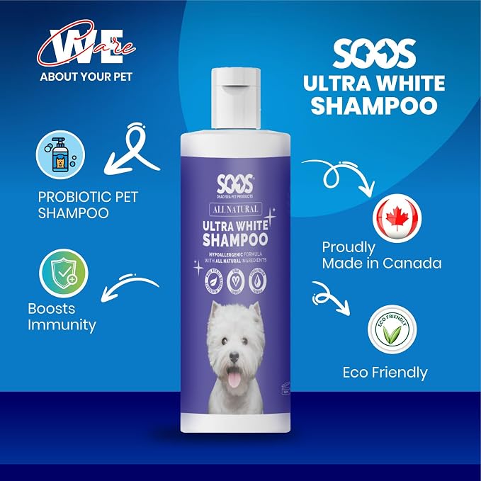 Soos Ultra White Hypoallergenic Shampoo for Dogs & Cats - Natural White Brightening Formula, Gentle & Moisturizing Pet Wash for Sensitive Skin - 500ml