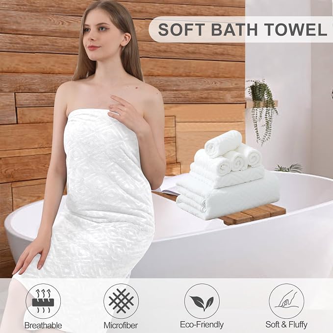 Smuge 18-Piece Bath Towel Set, Include 6 Bath Towel Sheets, 6 Hand Towels and 6 Washcloths - Highly Absorbent Quick Dry 100% Microfiber,Ultra Soft Bathroom Towel Set (White)