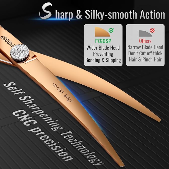 Professional Left Handed Curved Dog Grooming Scissors 7'' Downward 30° Rose Gold Titanium Japan 440C Pet Grooming Trimming Shears for Large Dog Poodle(7,Curved)