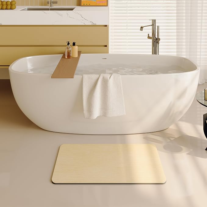 Mecko Bath Mat, Ultra Absorbent Quick Dry Bathroom Floor Mats-Rubber Non-Slip Thin Bathroom Rug Fit Under Door, Faux Suede Surface Shower Rug for Bathtub, Sink, Shower Room(Beige,16"x24")