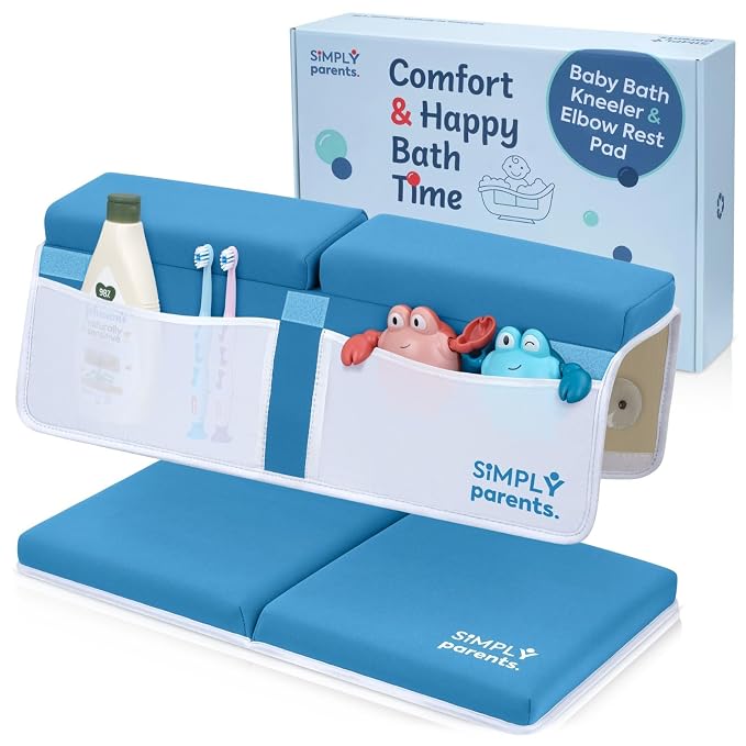 Simply Parents Comfortable Baby Bath Kneeler and Elbow Rest Pad Set - Quick-Dry Non-Slip Bath Kneeling Pad for Bathing Baby, Baby Bath Time Essentials for Newborn, Baby Bath Accessories for Tub, Blue