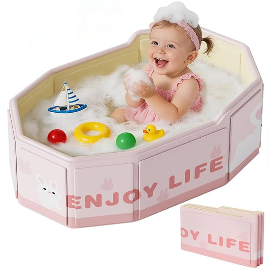 Foldable Baby Bath, Collapsible Baby Bathtub 3M-8Y, Portable Travel Baby Bath Tub with Non-Slip Base, Pop Up Folding Newborn Toddler Shower Tub, Space Saving, Pink